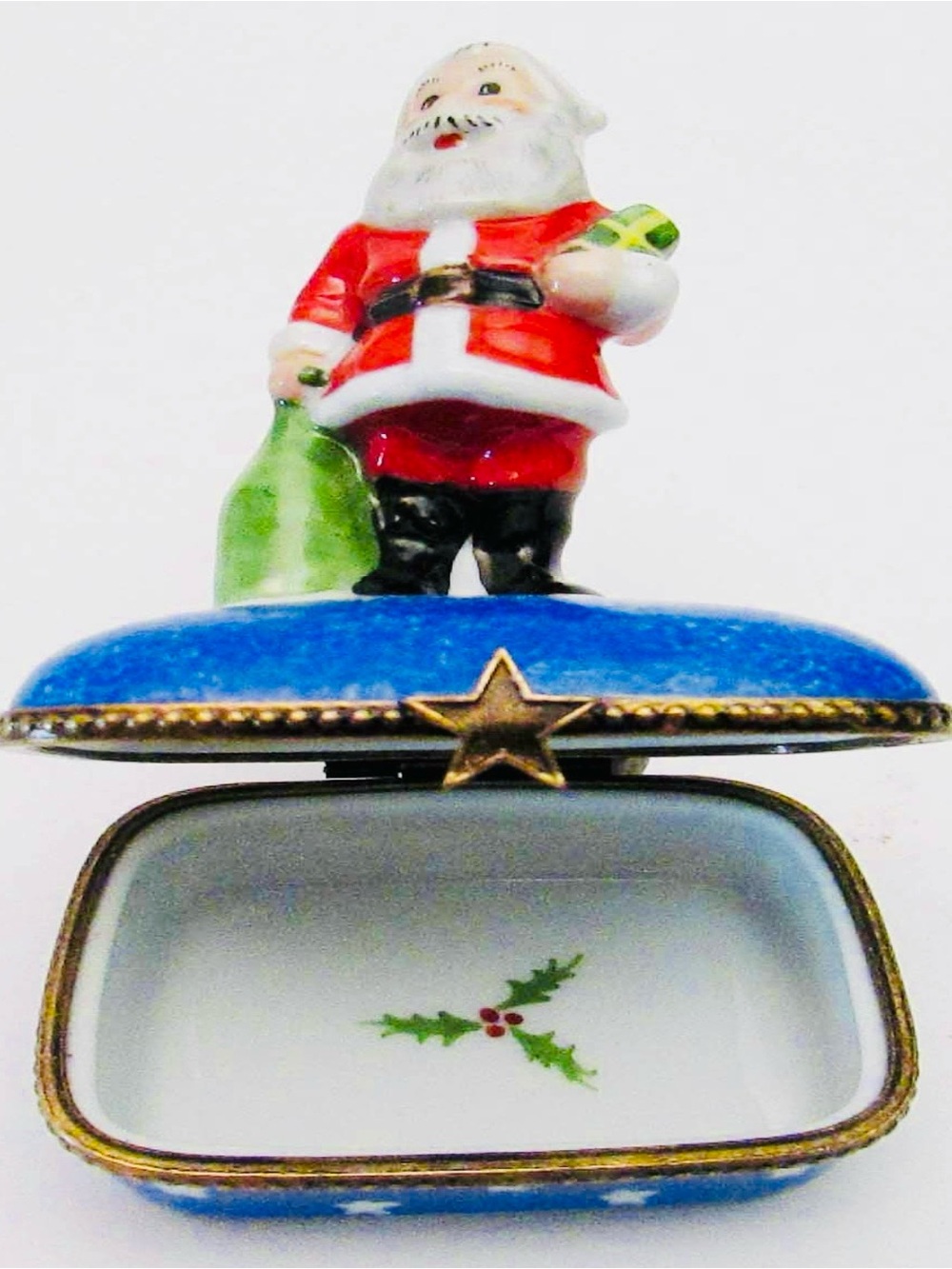 Limoges Peint Main Santa Trinket Box Santa & Blue Stars Retired Limited Edition